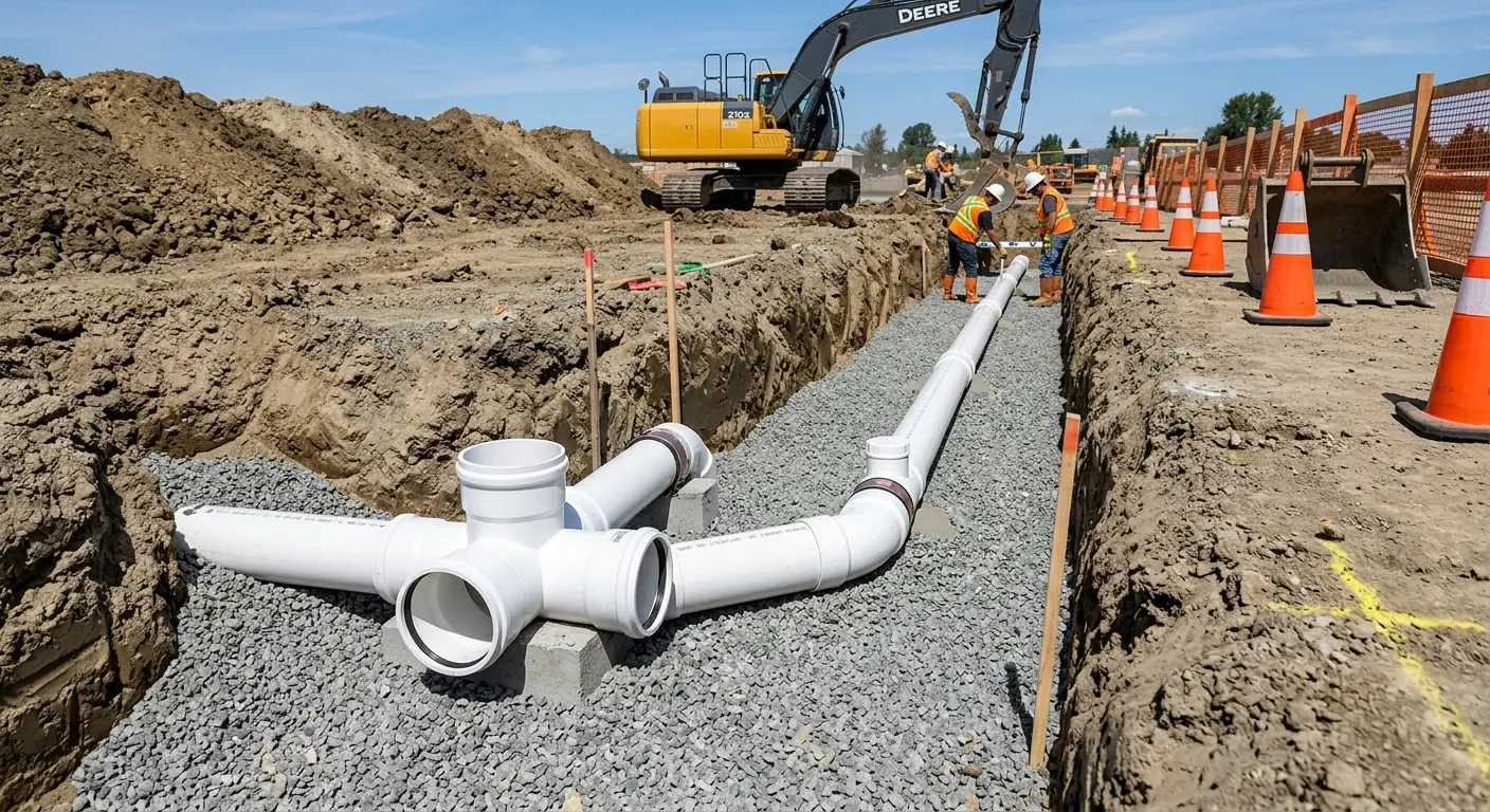 New PVC sewer pipe installation in open trench for Sewer Backup in Palmer Town