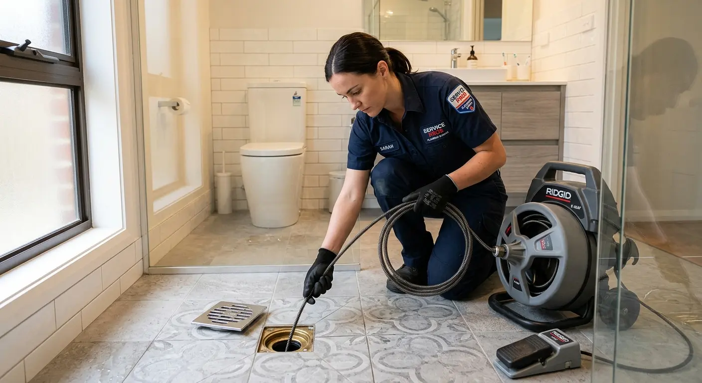 Technician clearing a bathroom floor drain for Hydro Jetting in Palmer Town